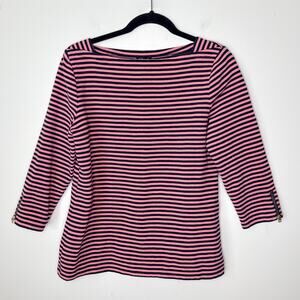 Talbots Pink Blue Striped Stretch Boat Neck 3/4 Sleeve Top Medium Zipper Accents